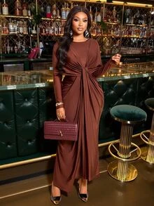 Brilight Sxy Long Sleeve Crew Neck Front Wrap Waist Draped Ruched Bodycon Gown For Wedding Guest Evening Part - Coffee Brown - View 2
