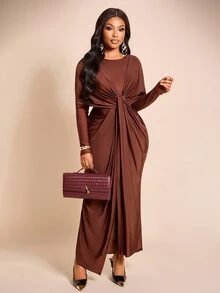 Brilight Sxy Long Sleeve Crew Neck Front Wrap Waist Draped Ruched Bodycon Gown For Wedding Guest Evening Part - Coffee Brown - View 6