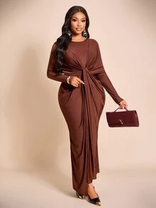 Brilight Sxy Long Sleeve Crew Neck Front Wrap Waist Draped Ruched Bodycon Gown For Wedding Guest Evening Part - Coffee Brown - View 8