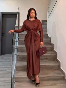 Brilight Sxy Long Sleeve Crew Neck Front Wrap Waist Draped Ruched Bodycon Gown For Wedding Guest Evening Part - Coffee Brown - View 12