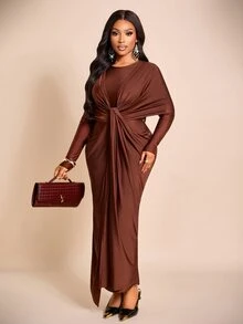 Brilight Sxy Long Sleeve Crew Neck Front Wrap Waist Draped Ruched Bodycon Gown For Wedding Guest Evening Part - Coffee Brown - View 9