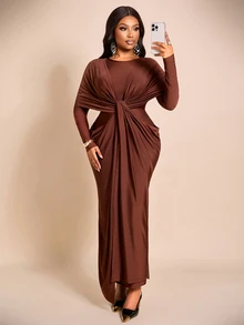 Brilight Sxy Long Sleeve Crew Neck Front Wrap Waist Draped Ruched Bodycon Gown For Wedding Guest Evening Part - Coffee Brown - View 7