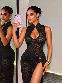BamGleam Women's Hollow Out Sexy Fitted Cheongsam Collar Lace Dress - Black - View 1