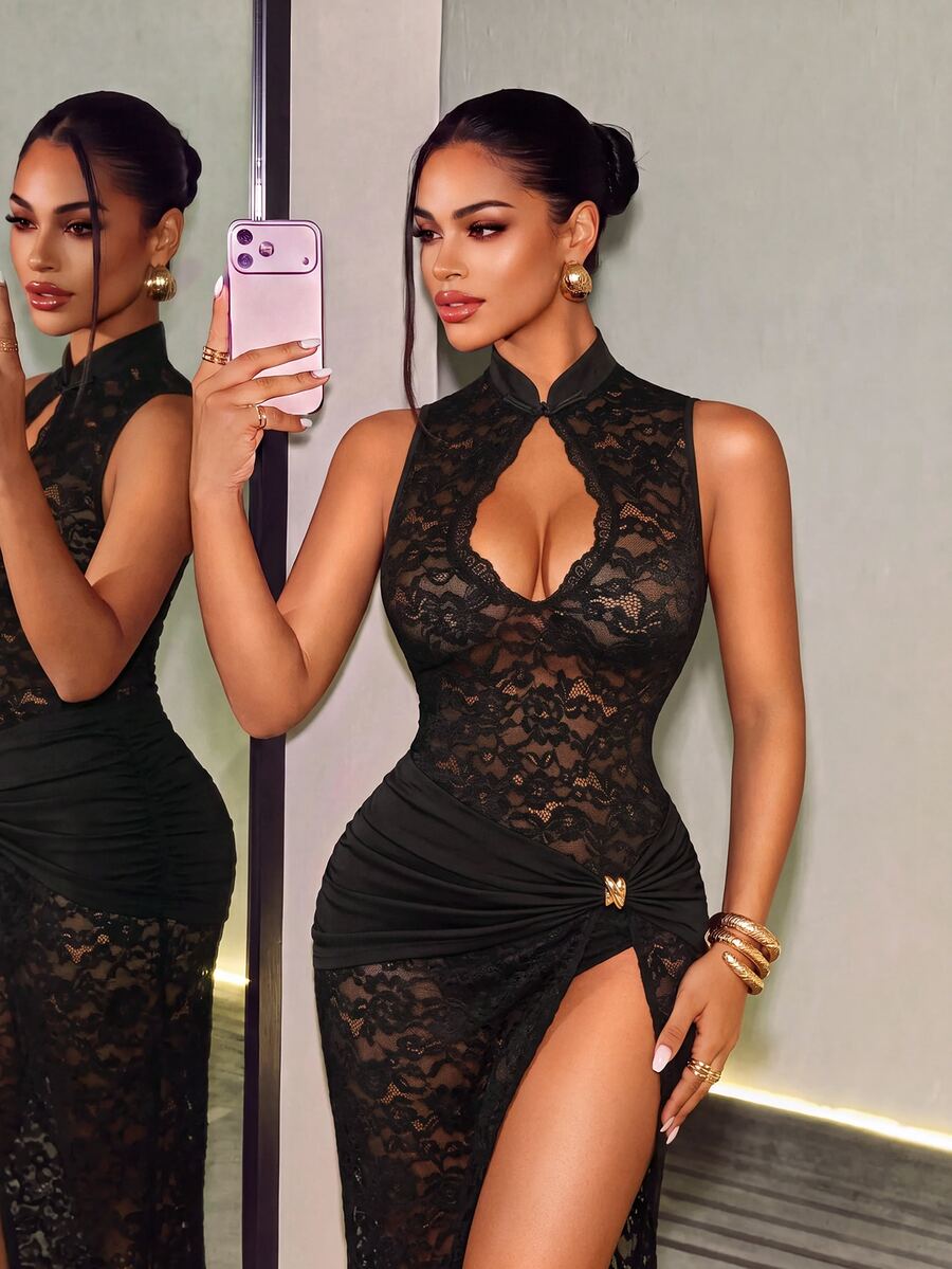 BamGleam Women's Hollow Out Sexy Fitted Cheongsam Collar Lace Dress - Black - View 1