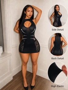 BamGleam Women's Sexy Hollow Out Cutout Sleeveless Minimalist Fitted Short Dress - Black - View 7