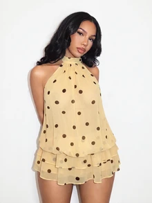 BamGleam Brown Polka Dot Chiffon Halter Neck Sleeveless Cold-Shoulder Layered Ruffle Loose Vintage Retro 70s Elegant Dress Brunch Vacation Summer - Yellow - View 6
