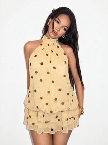 BamGleam Brown Polka Dot Chiffon Halter Neck Sleeveless Cold-Shoulder Layered Ruffle Loose Vintage Retro 70s Elegant Dress Brunch Vacation Summer - Yellow - View 7