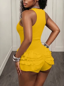 BamGleam Women's Summer Casual Vacation Style Solid Color Layered Ruffle Trim Fitted Romper - Yellow - View 3