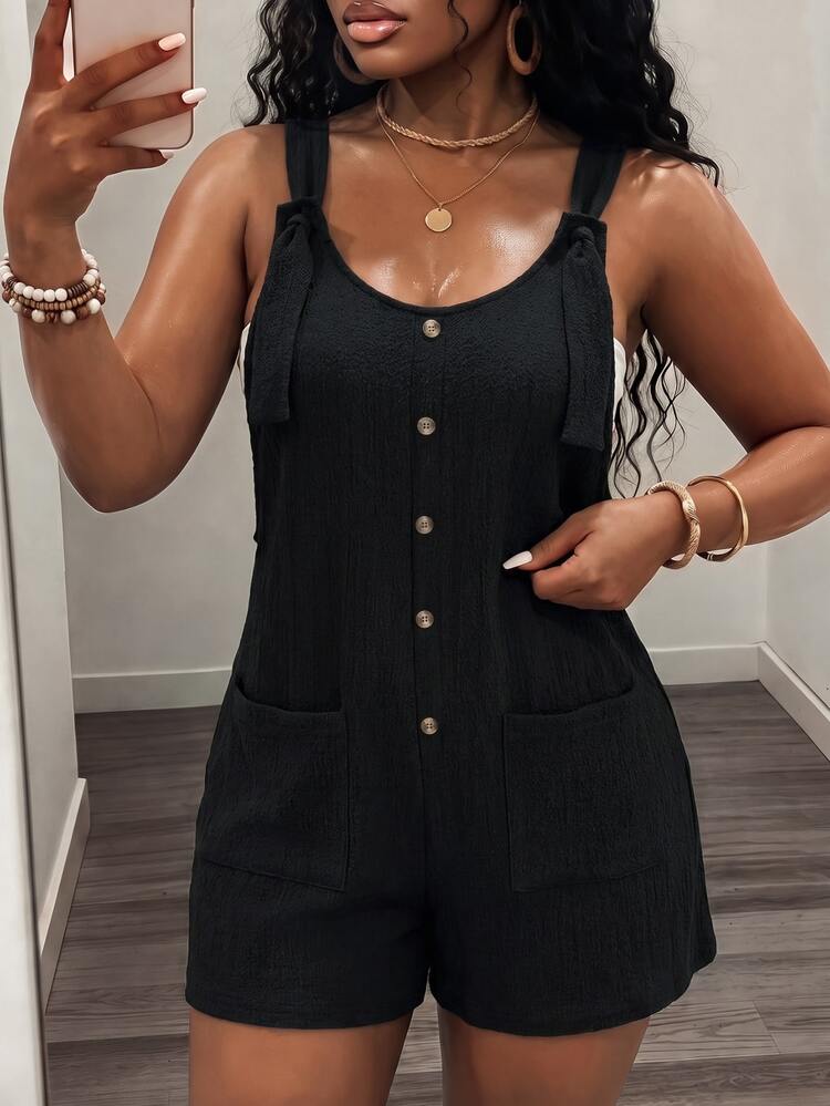 BamGleam Women Summer Solid Button Decoration Casual Jumpsuit - Black - View 6