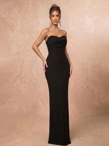 Lumalex Elegant Minimalist Split Bandeau Plunging Neckline Fitted Maxi Slit Back Bridesmaid Dress - Black - View 5