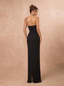 Lumalex Elegant Minimalist Split Bandeau Plunging Neckline Fitted Maxi Slit Back Bridesmaid Dress - Black - View 2