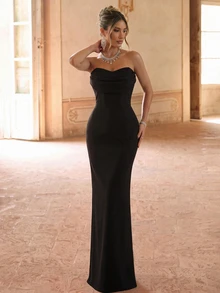 Lumalex Elegant Minimalist Split Bandeau Plunging Neckline Fitted Maxi Slit Back Bridesmaid Dress - Black - View 4