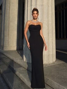 Lumalex Elegant Minimalist Split Bandeau Plunging Neckline Fitted Maxi Slit Back Bridesmaid Dress - Black - View 3