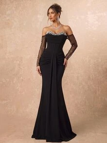 Lumalex Elegant Black Luxurious Sequin Knit Patchwork Beaded Ruched Waist Slim Fit Mermaid Hem Detachable Long Sleeve Heavy Embellishment Evening Gown - Black - View 4