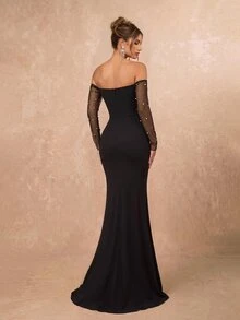 Lumalex Elegant Black Luxurious Sequin Knit Patchwork Beaded Ruched Waist Slim Fit Mermaid Hem Detachable Long Sleeve Heavy Embellishment Evening Gown - Black - View 8