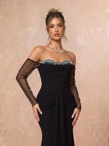 Lumalex Elegant Black Luxurious Sequin Knit Patchwork Beaded Ruched Waist Slim Fit Mermaid Hem Detachable Long Sleeve Heavy Embellishment Evening Gown - Black - View 7