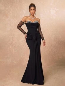 Lumalex Elegant Black Luxurious Sequin Knit Patchwork Beaded Ruched Waist Slim Fit Mermaid Hem Detachable Long Sleeve Heavy Embellishment Evening Gown - Black - View 5