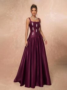 Lumalex Elegant Luxurious Diamond Flower Satin Ruched Maxi Dress, Suitable For Wedding, Party, Vacation, Ball, Evening Gown (Heavy Embellished) - Burgundy - View 5