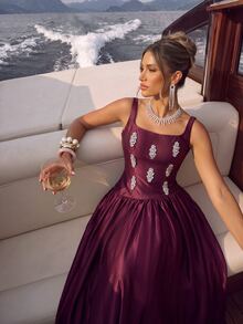Lumalex Elegant Luxurious Diamond Flower Satin Ruched Maxi Dress, Suitable For Wedding, Party, Vacation, Ball, Evening Gown (Heavy Embellished) - Burgundy - View 1