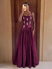 Lumalex Elegant Luxurious Diamond Flower Satin Ruched Maxi Dress, Suitable For Wedding, Party, Vacation, Ball, Evening Gown (Heavy Embellished) - Burgundy - View 3
