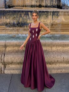 Lumalex Elegant Luxurious Diamond Flower Satin Ruched Maxi Dress, Suitable For Wedding, Party, Vacation, Ball, Evening Gown (Heavy Embellished) - Burgundy - View 4