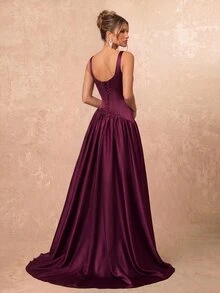 Lumalex Elegant Luxurious Diamond Flower Satin Ruched Maxi Dress, Suitable For Wedding, Party, Vacation, Ball, Evening Gown (Heavy Embellished) - Burgundy - View 6