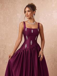 Lumalex Elegant Luxurious Diamond Flower Satin Ruched Maxi Dress, Suitable For Wedding, Party, Vacation, Ball, Evening Gown (Heavy Embellished) - Burgundy - View 2
