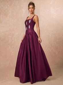 Lumalex Elegant Luxurious Diamond Flower Satin Ruched Maxi Dress, Suitable For Wedding, Party, Vacation, Ball, Evening Gown (Heavy Embellished) - Burgundy - View 7