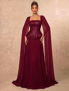 Lumalex Gaun Malam Formal Chiffon Bordir Berpayet Burgundy, Leher Persegi, Lengan Mengalir, Gaun Lipit Oversized 2 in 1 untuk Pesta Pernikahan & Ulang Tahun - Burgundy - View 6