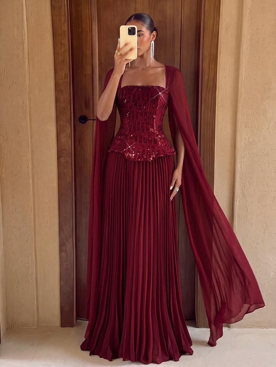 Lumalex Gaun Malam Formal Chiffon Bordir Berpayet Burgundy, Leher Persegi, Lengan Mengalir, Gaun Lipit Oversized 2 in 1 untuk Pesta Pernikahan & Ulang Tahun