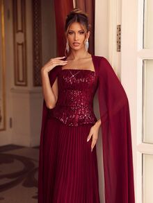 Lumalex Gaun Malam Formal Chiffon Bordir Berpayet Burgundy, Leher Persegi, Lengan Mengalir, Gaun Lipit Oversized 2 in 1 untuk Pesta Pernikahan & Ulang Tahun - Burgundy - View 5