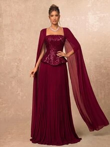 Lumalex Gaun Malam Formal Chiffon Bordir Berpayet Burgundy, Leher Persegi, Lengan Mengalir, Gaun Lipit Oversized 2 in 1 untuk Pesta Pernikahan & Ulang Tahun - Burgundy - View 4