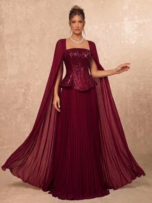 Lumalex Gaun Malam Formal Chiffon Bordir Berpayet Burgundy, Leher Persegi, Lengan Mengalir, Gaun Lipit Oversized 2 in 1 untuk Pesta Pernikahan & Ulang Tahun - Burgundy - View 7