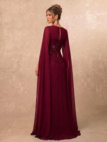 Lumalex Gaun Malam Formal Chiffon Bordir Berpayet Burgundy, Leher Persegi, Lengan Mengalir, Gaun Lipit Oversized 2 in 1 untuk Pesta Pernikahan & Ulang Tahun - Burgundy - View 3