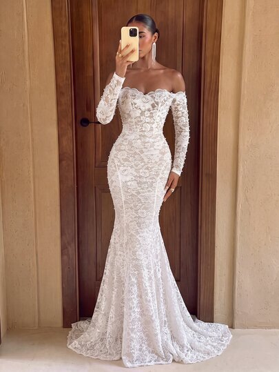 Lumalex Elegant Luxurious Pearl Beaded Lace Sheer Sleeve Mermaid Maxi Dress With Train, Suitable For Wedding, Party, Holiday, Prom, Bridal