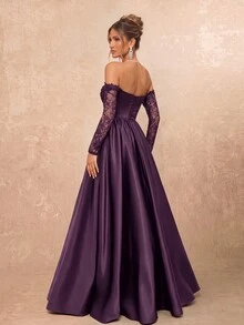 Lumalex Elegantes luxuriöses schwarzes Off-Shoulder Chiffon-Kurzarm-Kleid mit Spitzeneinsatz, Satinfalten und Maxilänge, geeignet für Hochzeiten, Partys, Urlaub, Galas, Dates, formelle Anlässe (stark verziert), für den Valentinstag - Violett - Übersicht 2
