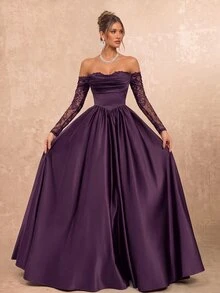Lumalex Elegantes luxuriöses schwarzes Off-Shoulder Chiffon-Kurzarm-Kleid mit Spitzeneinsatz, Satinfalten und Maxilänge, geeignet für Hochzeiten, Partys, Urlaub, Galas, Dates, formelle Anlässe (stark verziert), für den Valentinstag - Violett - Übersicht 4