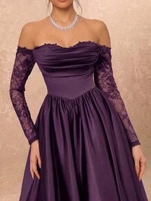 Lumalex Elegantes luxuriöses schwarzes Off-Shoulder Chiffon-Kurzarm-Kleid mit Spitzeneinsatz, Satinfalten und Maxilänge, geeignet für Hochzeiten, Partys, Urlaub, Galas, Dates, formelle Anlässe (stark verziert), für den Valentinstag - Violett - Übersicht 5