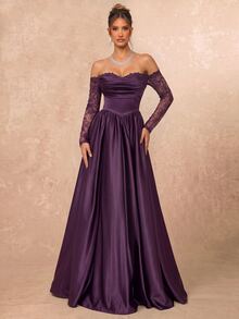 Lumalex Elegantes luxuriöses schwarzes Off-Shoulder Chiffon-Kurzarm-Kleid mit Spitzeneinsatz, Satinfalten und Maxilänge, geeignet für Hochzeiten, Partys, Urlaub, Galas, Dates, formelle Anlässe (stark verziert), für den Valentinstag - Violett - Übersicht 7