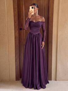 Lumalex Elegantes luxuriöses schwarzes Off-Shoulder Chiffon-Kurzarm-Kleid mit Spitzeneinsatz, Satinfalten und Maxilänge, geeignet für Hochzeiten, Partys, Urlaub, Galas, Dates, formelle Anlässe (stark verziert), für den Valentinstag - Violett - Übersicht 1