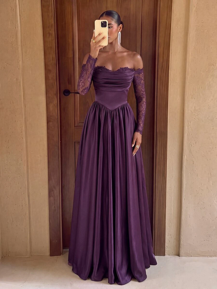 Lumalex Elegantes luxuriöses schwarzes Off-Shoulder Chiffon-Kurzarm-Kleid mit Spitzeneinsatz, Satinfalten und Maxilänge, geeignet für Hochzeiten, Partys, Urlaub, Galas, Dates, formelle Anlässe (stark verziert), für den Valentinstag - Violett - Übersicht 1