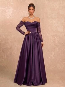 Lumalex Elegantes luxuriöses schwarzes Off-Shoulder Chiffon-Kurzarm-Kleid mit Spitzeneinsatz, Satinfalten und Maxilänge, geeignet für Hochzeiten, Partys, Urlaub, Galas, Dates, formelle Anlässe (stark verziert), für den Valentinstag - Violett - Übersicht 6