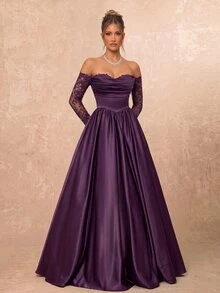 Lumalex Elegantes luxuriöses schwarzes Off-Shoulder Chiffon-Kurzarm-Kleid mit Spitzeneinsatz, Satinfalten und Maxilänge, geeignet für Hochzeiten, Partys, Urlaub, Galas, Dates, formelle Anlässe (stark verziert), für den Valentinstag - Violett - Übersicht 3