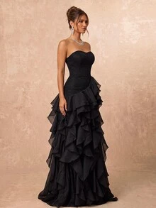 Lumalex Elegant Luxury Asymmetric Neck Fishbone Shaping Organza Ruffle Fishtail Hem Maxi Dress,Suitable For Weddings,Galas,Business Banquets & Holiday Events - Multicolor - View 6