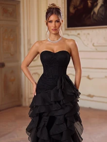 Lumalex Elegant Luxury Asymmetric Neck Fishbone Shaping Organza Ruffle Fishtail Hem Maxi Dress,Suitable For Weddings,Galas,Business Banquets & Holiday Events - Multicolor - View 3