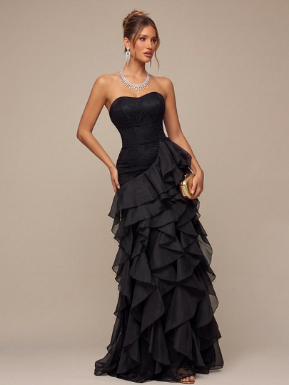 Lumalex Elegant Luxury Asymmetric Neck Fishbone Shaping Organza Ruffle Fishtail Hem Maxi Dress,Suitable For Weddings,Galas,Business Banquets & Holiday Events
