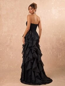 Lumalex Elegant Luxury Asymmetric Neck Fishbone Shaping Organza Ruffle Fishtail Hem Maxi Dress,Suitable For Weddings,Galas,Business Banquets & Holiday Events - Multicolor - View 7