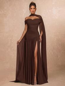 Lumalex Elegant Gray Minimalist Off-Shoulder Ruched Asymmetric A-Line High Slit Dress, Suitable For Weddings, Formal Events, Galas, And Cocktail Parties - Brown - View 7