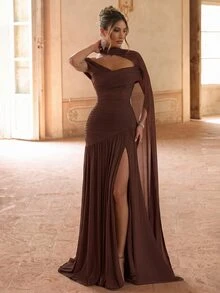 Lumalex Elegant Gray Minimalist Off-Shoulder Ruched Asymmetric A-Line High Slit Dress, Suitable For Weddings, Formal Events, Galas, And Cocktail Parties - Brown - View 4