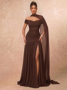 Lumalex Elegant Gray Minimalist Off-Shoulder Ruched Asymmetric A-Line High Slit Dress, Suitable For Weddings, Formal Events, Galas, And Cocktail Parties - Brown - View 9